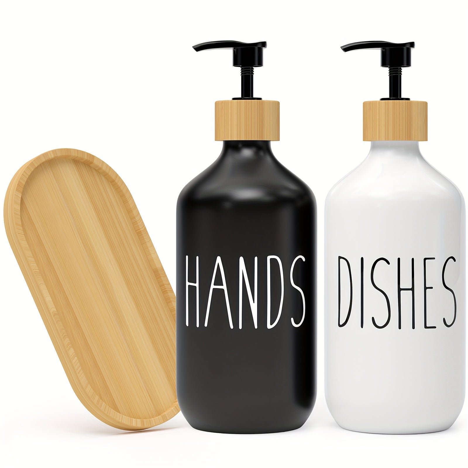 Set of 2 Refillable Soap Dispensers with Wooden Tray for Bathroom