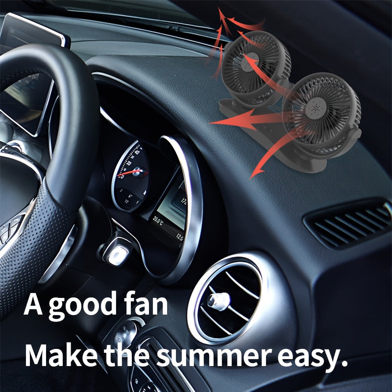 Dual-Head USB Car Fan with 3-Speed, Aromatherapy Cover, Multi-Angle Rotation