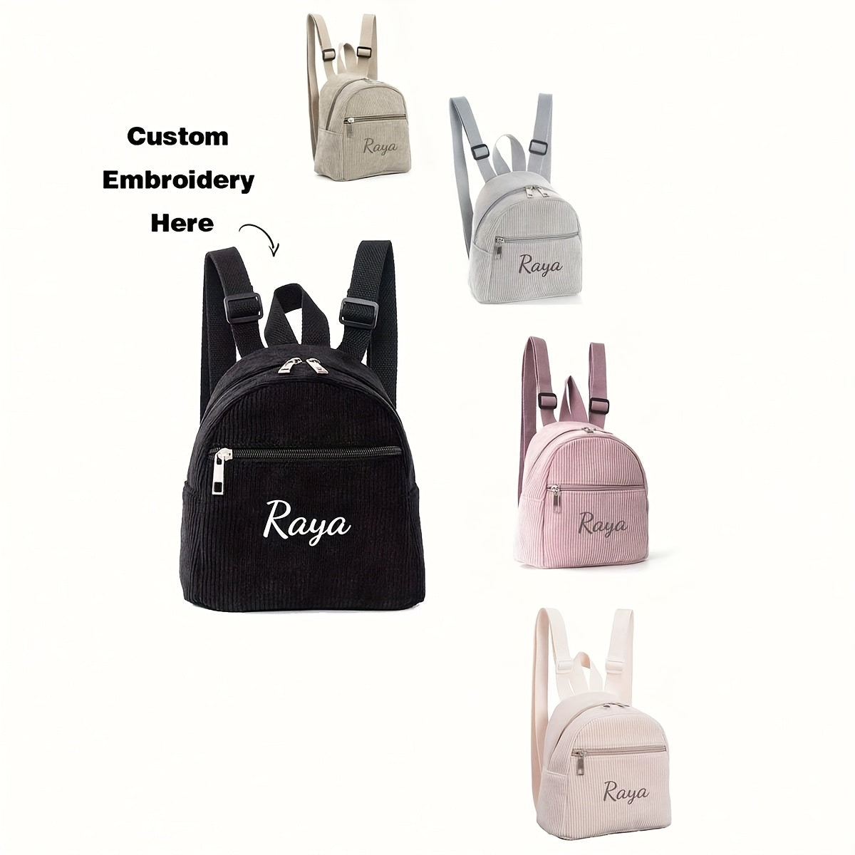 Shaxsiylashtirilgan korduroy ruksak, sozlanadigan kamarlar, zip yopilishi va polyester astar bilan. Turli ranglarda ism bilan moslashtiring. Maktab, ochiq sayohat va sovg'a sifatida mos keladi.