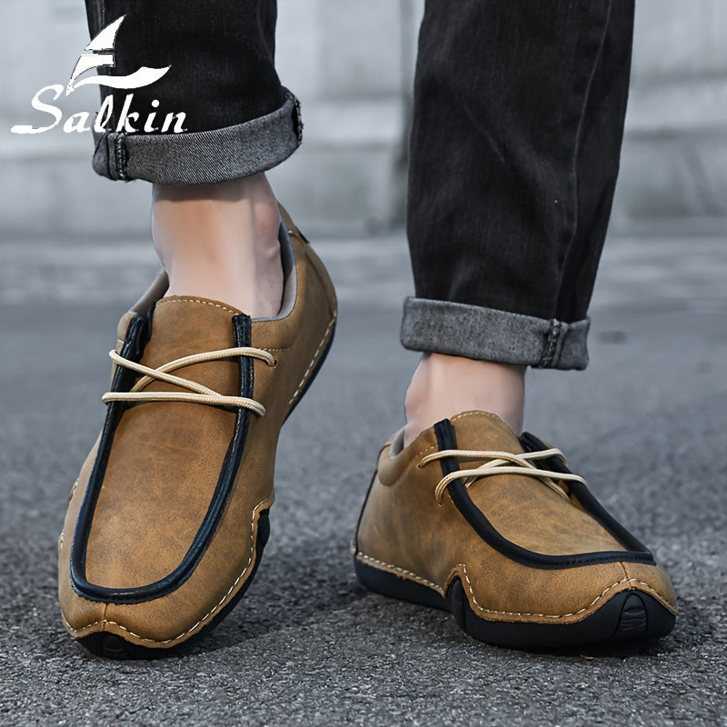 Men's Casual Loafers Leather Microfiber Low Top Comfortable Durable Lace-Up Shoes