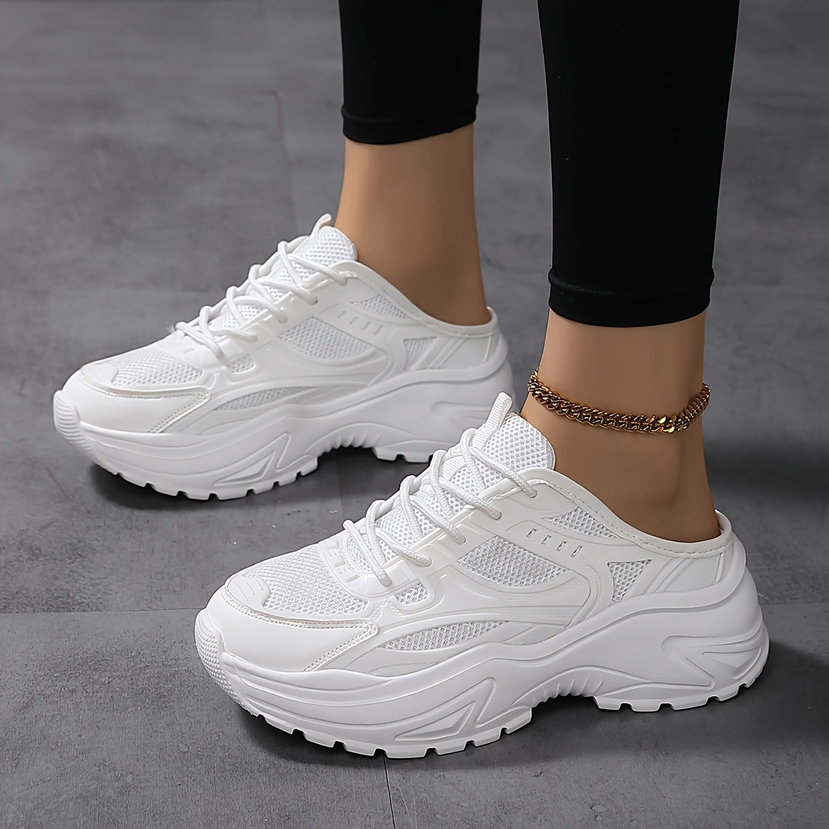 Women’s Chunky Sneakers Breathable Mesh PVC Low Top Lace-Up Shoes