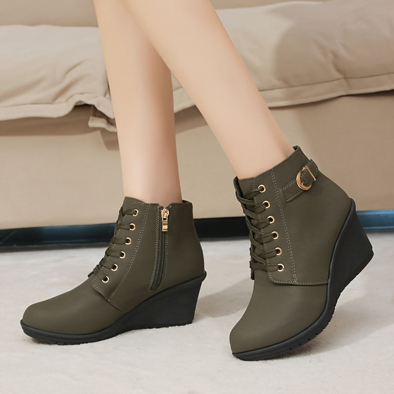 Women's Solid Color Round Toe Wedge Ankle Boots with Buckle Zipper