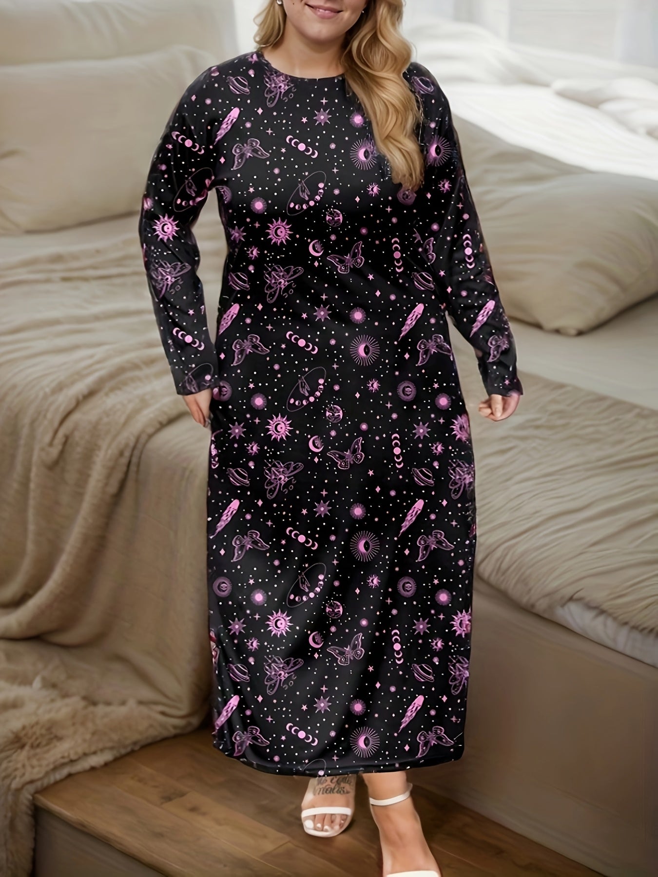 Women Long Sleeve Night Dresses Butterfly Print Casual Sleepwear Pack