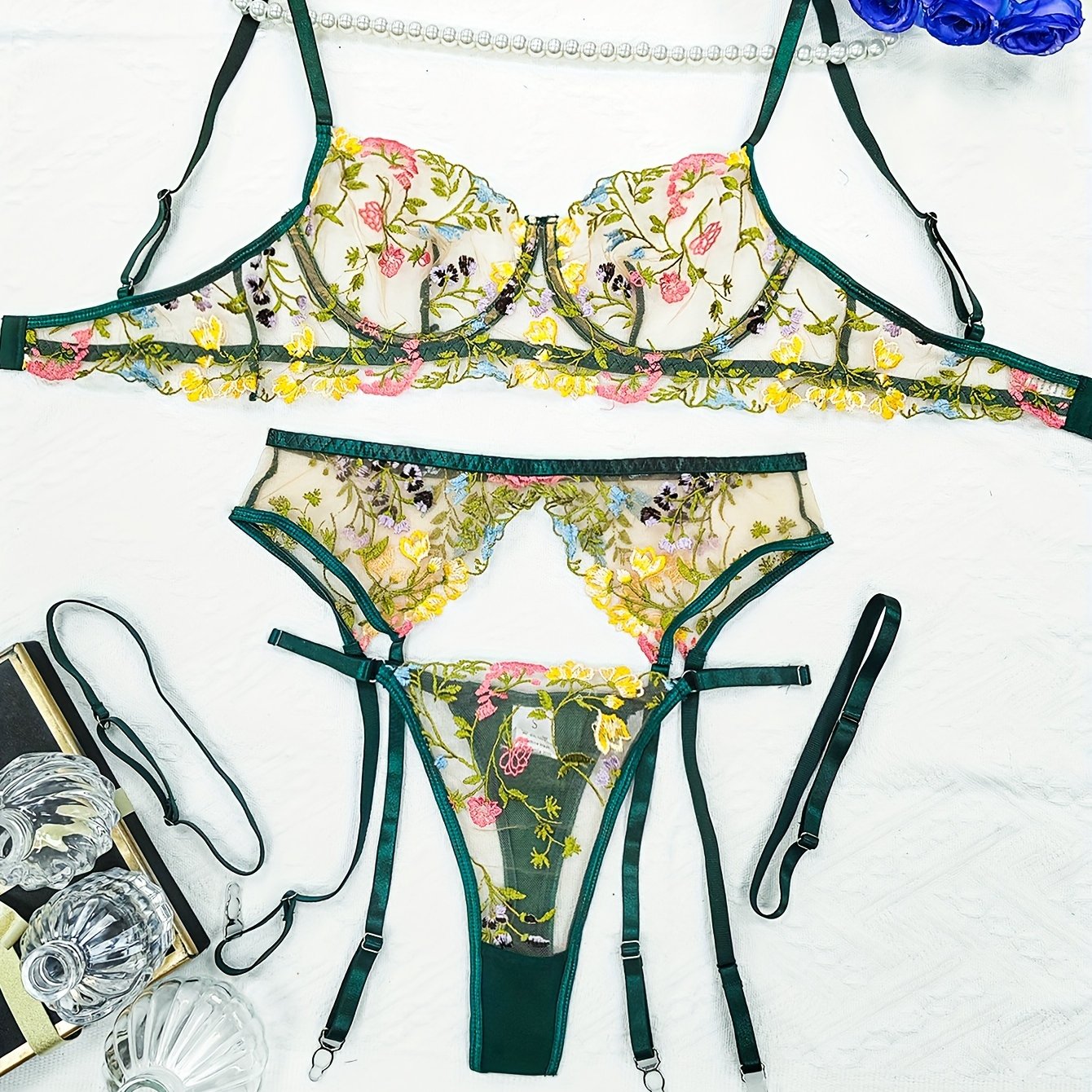 Women's Floral Embroidery Lingerie Set with Semi-Sheer Fabric Bra Garter Belt Thong
