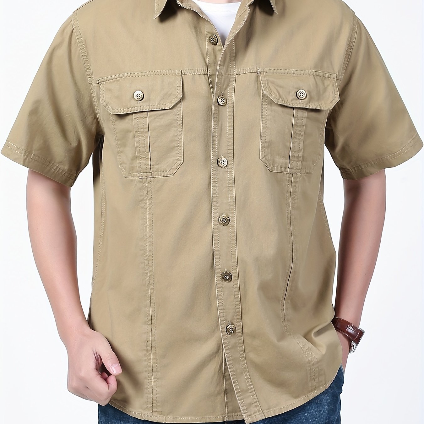 Men's Summer Cotton Short Sleeve Casual Shirt with Pocket Solid Color Regular Fit