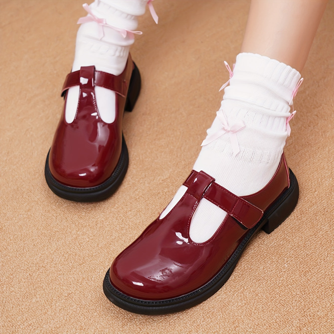 Women's Black Mary Jane Flats Leather Loafers with Round Toe and Rubber Sole