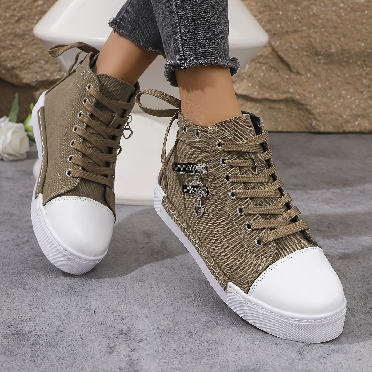 Youth Women Canvas Sneakers with Double Zippers and Laces for Outdoor Activities