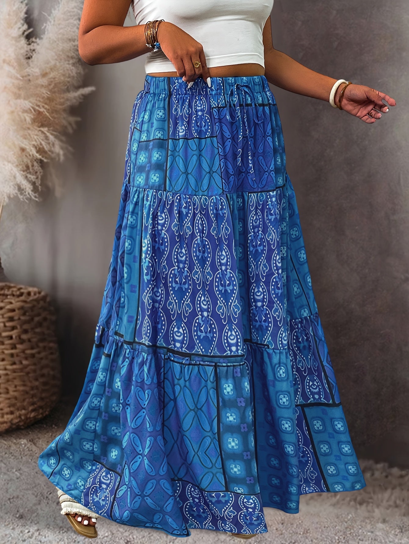 Plus Size Women's Pleated Midi Skirt with Blue Floral Print Adjustable Waist