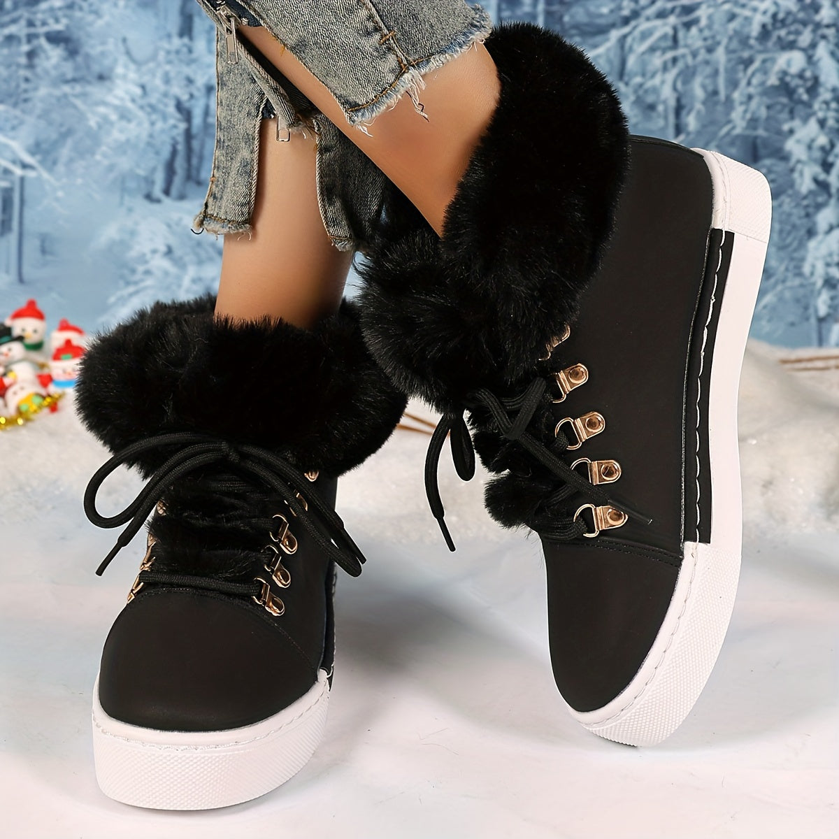 Women's Plush-Lined Winter Sneakers with Tiger Buckle in Black Pink