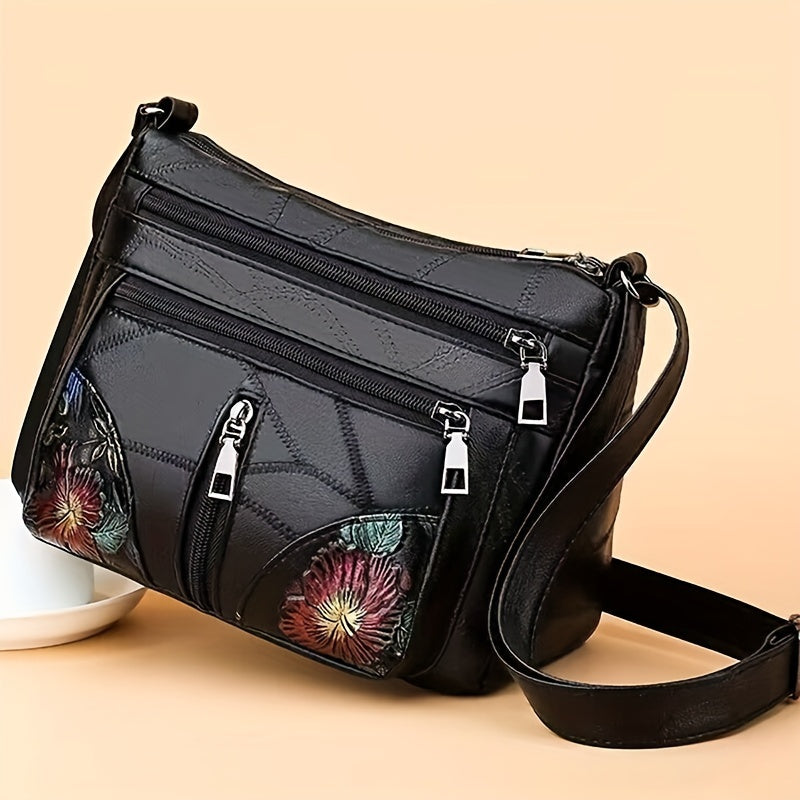 Black Crossbody Bag for Women with Adjustable Strap Floral Stitching Multiple Compartments