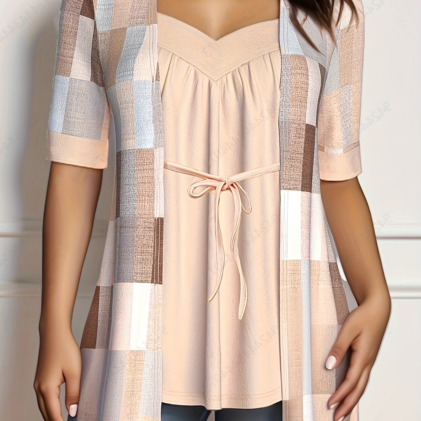 Кардиган женский в крупном размере из трикотажа с шнуровкой, геометрический принт, V-образный вырез, весна-осень