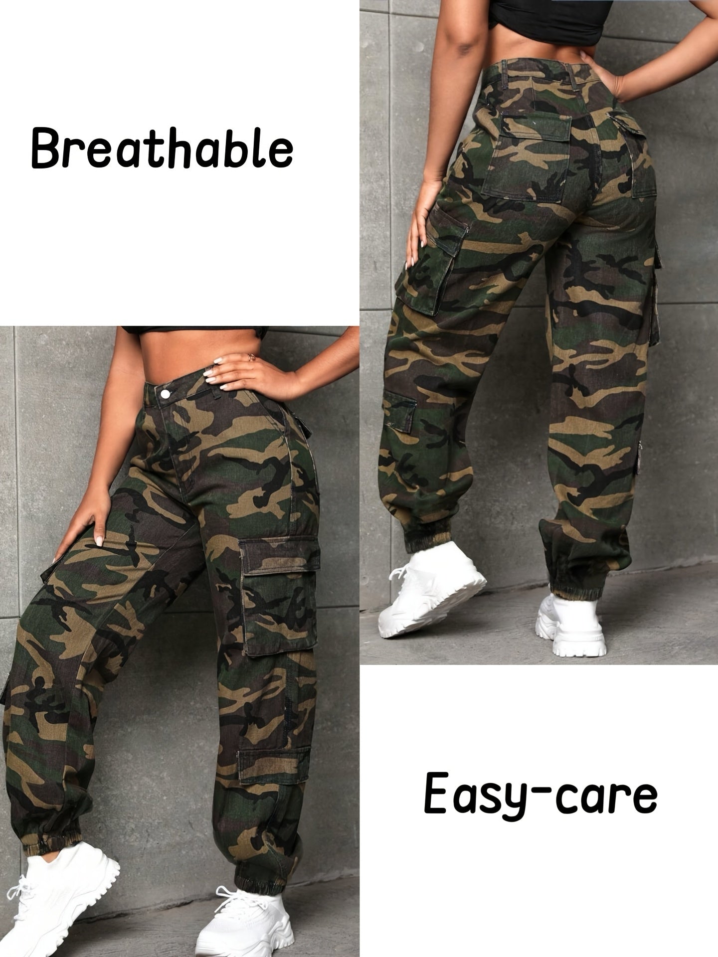 Women's Plus Size Camouflage Cargo Pants with Pockets Stretchy Green Camo