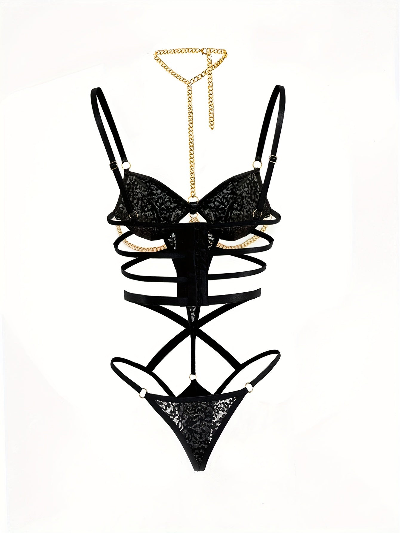 Conjunto de teddy y tanga de encaje para mujer en negro, talla pequeña