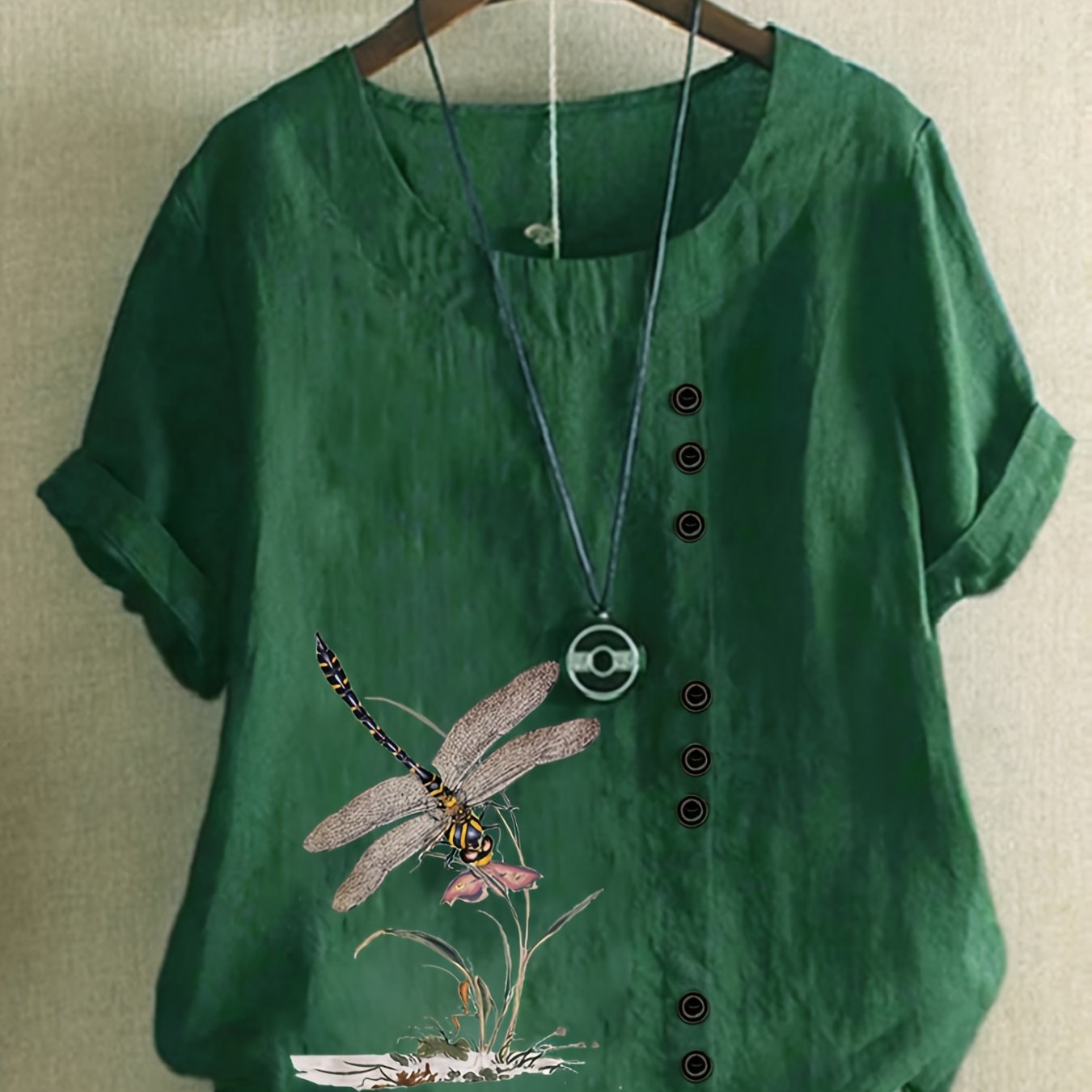 Plus Size Linen Short Sleeve Printed Casual Women's Shirt