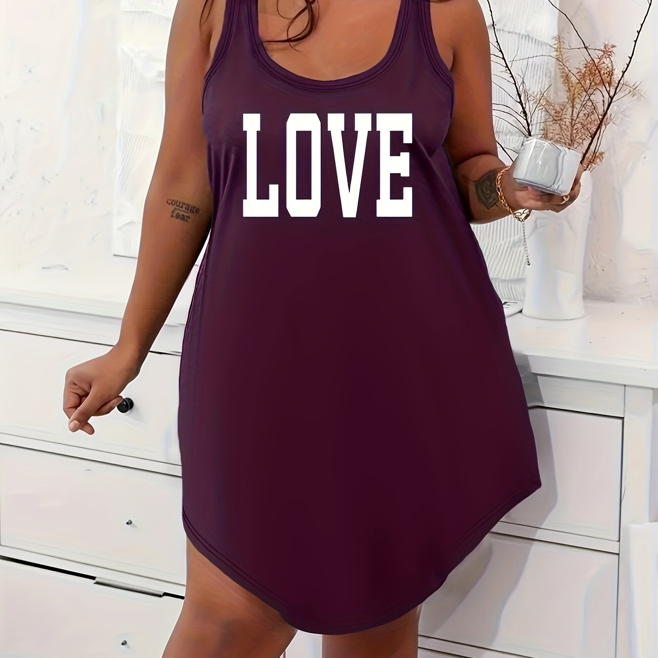 Plus Size Women's Cotton Lounge Dress Scoop Neck Racerback Home Wear