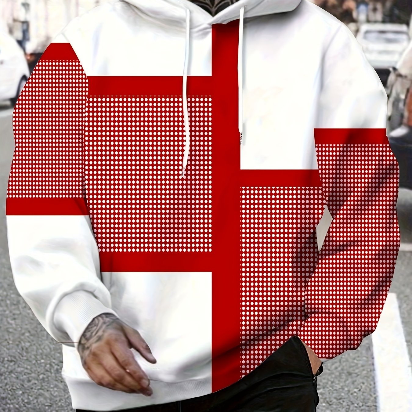 Erkaklar uchun raqamli bosma kapüşonli sviter, polyester matodan, uzun yenglar, ozgina cho'zilish, naqshli dizayn va katta o'lchamlarda mavjud.