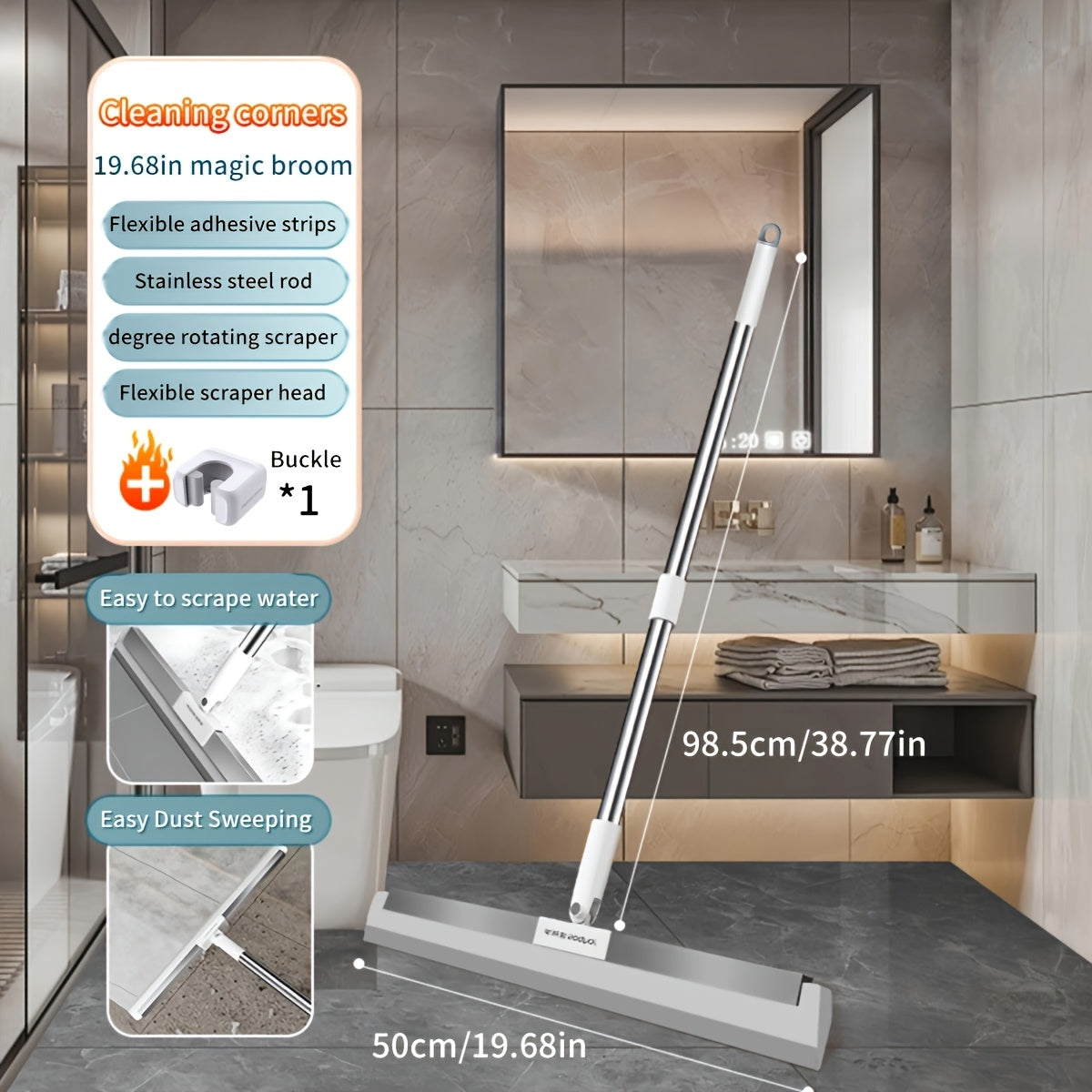 Mustahkam PP materialidan tayyorlangan tozalash vositasi: Hammabop sehrli supurgi, moslashuvchan silikon qizg'ich (49.99 sm) va zanglamaydigan po'latdan tayyorlangan tayoq bilan hammom, hojatxona, shisha va polni oson tozalash va suv artish uchun.