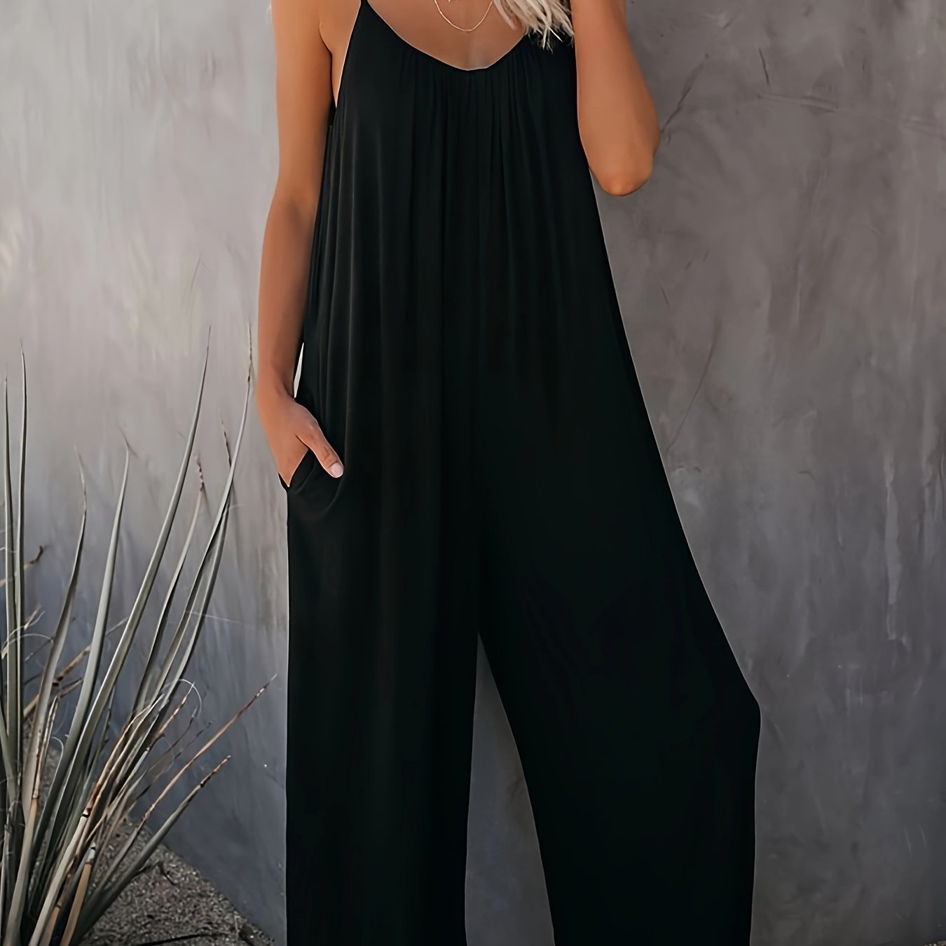 Women's Navy Blue Sleeveless Jumpsuit with Pockets, Wide-Leg Pants, Lightweight
