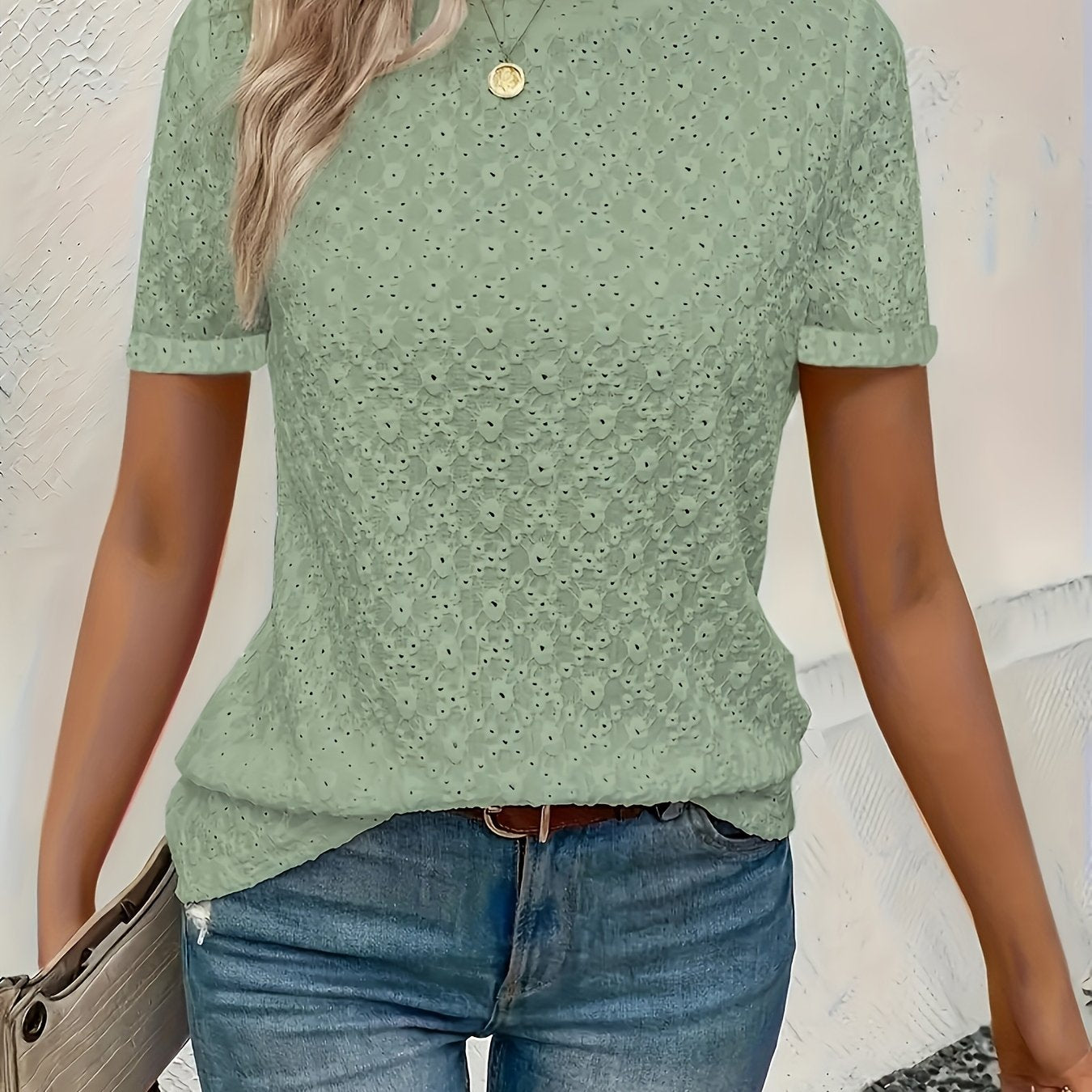 Plus-Size ayollar uchun bir hil rangli qisqa sleeve, dumaloq bo'yinli, kundalik T-shirt