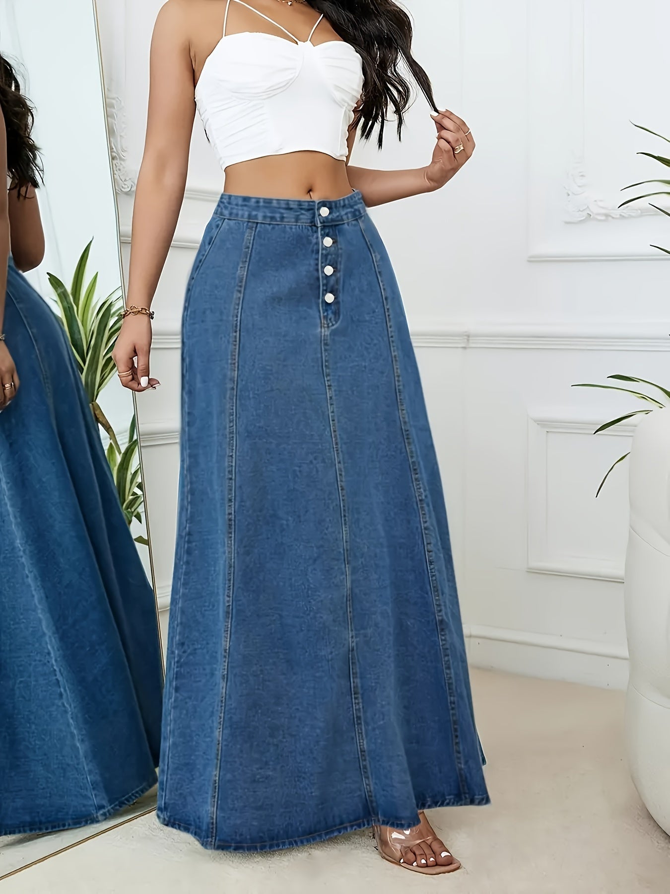 Plus Size Washed Blue High Rise Maxi Denim Skirt for Fall Casual Flared Style