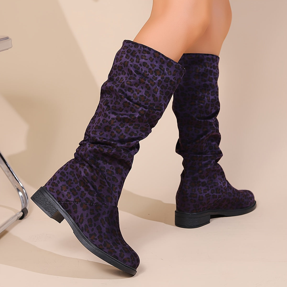 Women's Slouchy Leopard Print Boots Mid-Calf Casual Fashionable