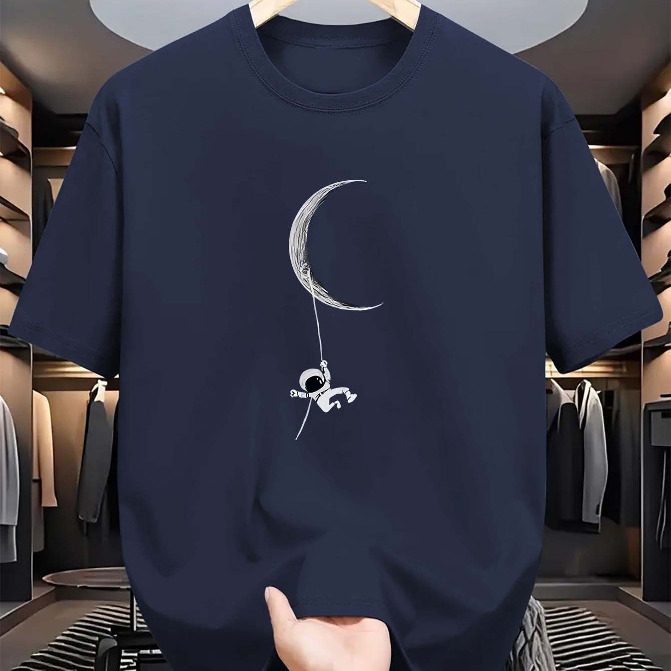 Men's Polyester Crew Neck T-Shirt with Astronaut and Moon Graphic for Summer Casual Fit