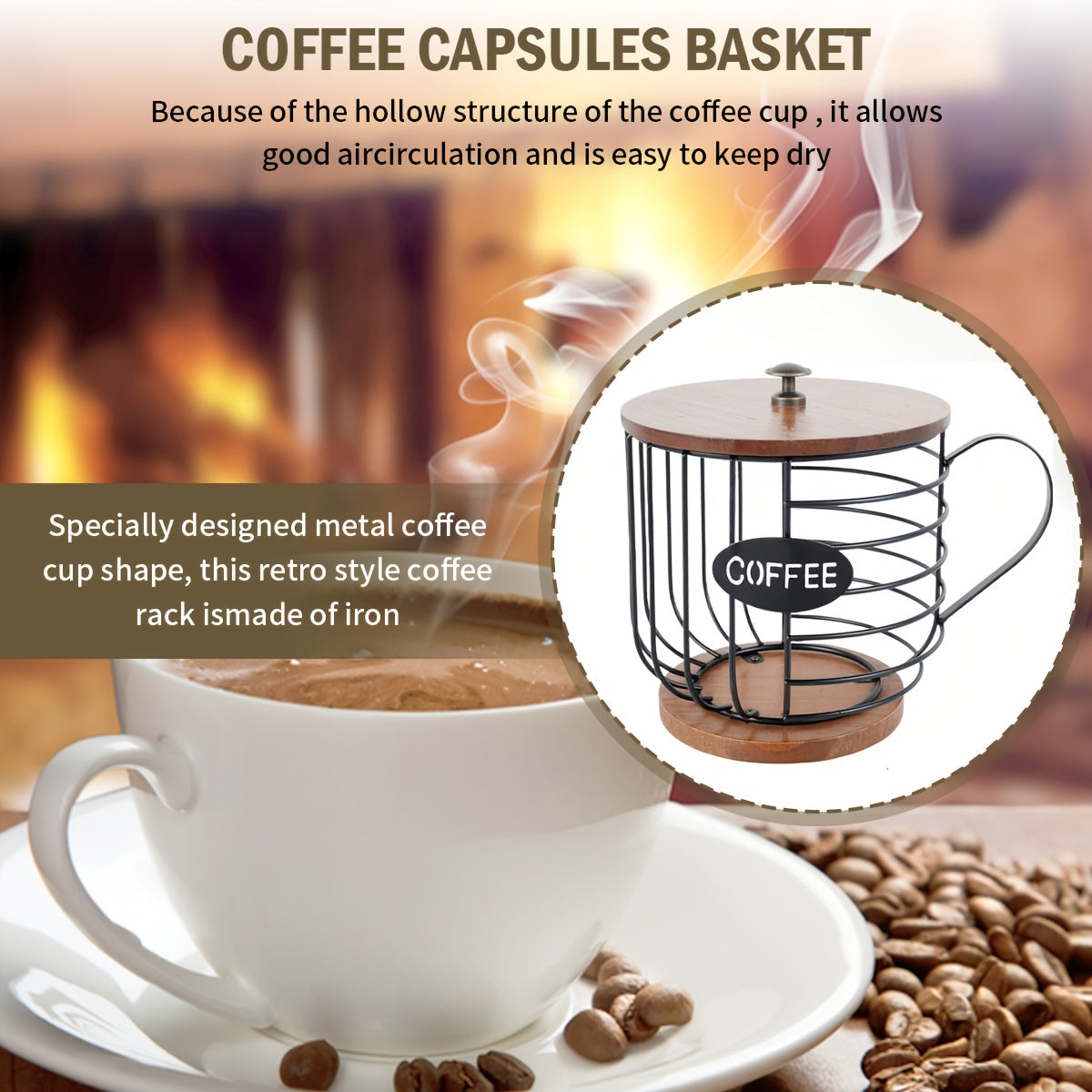 Large Capacity Coffee Pod Holder Wooden Base Metal Wire Basket for Espresso Capsules