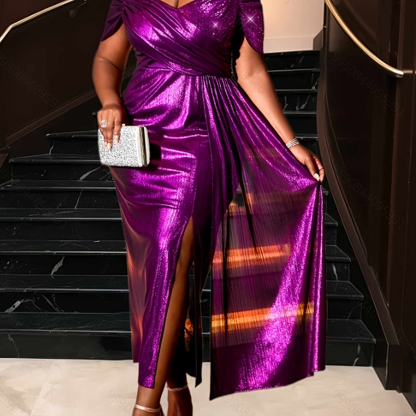 Plus Size Sequin Off-Shoulder Evening Gown Purple High Slit Formal Dress