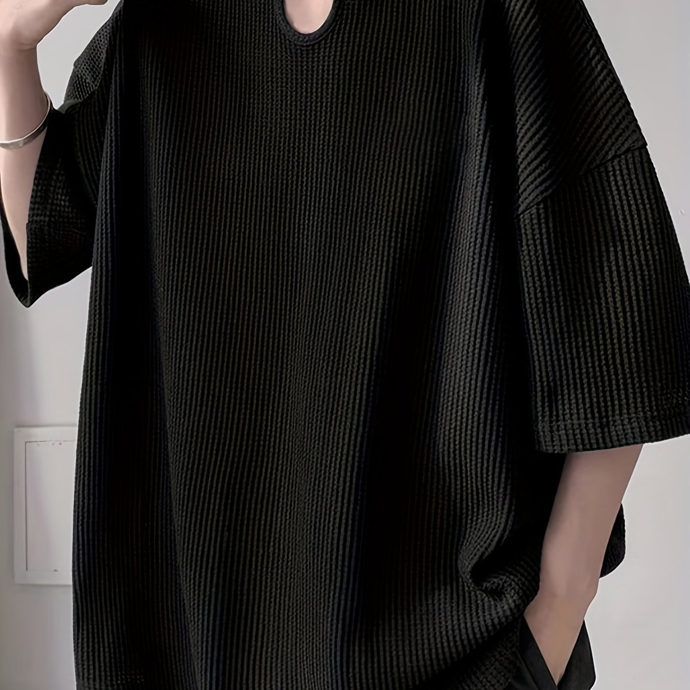 Мужская повседневная текстурированная футболка с V-образным вырезом и опущенными плечами свободного кроя для лета, размеры S-5XL