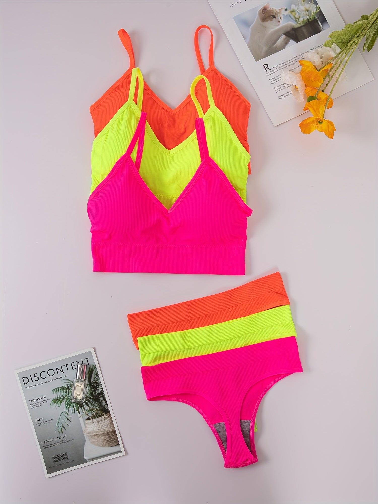 3-Piece Ribbed Lingerie Set with Bra, Panties, and Tank Top for Women