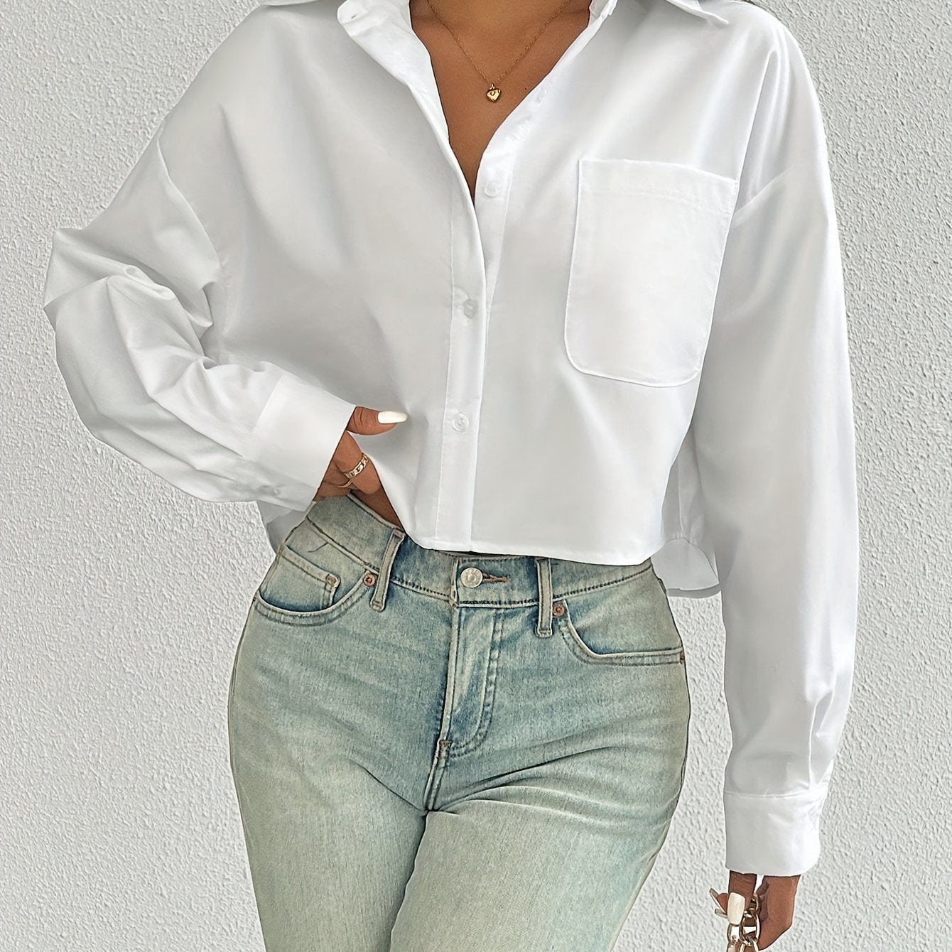 Women's White Casual Shirt Drop Shoulder Long Sleeve Short Style with Pocket Polyester