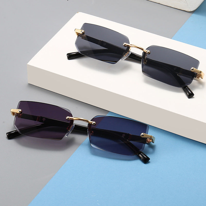 Square Rimless Vintage Sunglasses with Gold Frame and Black Lenses for Hip Hop Style