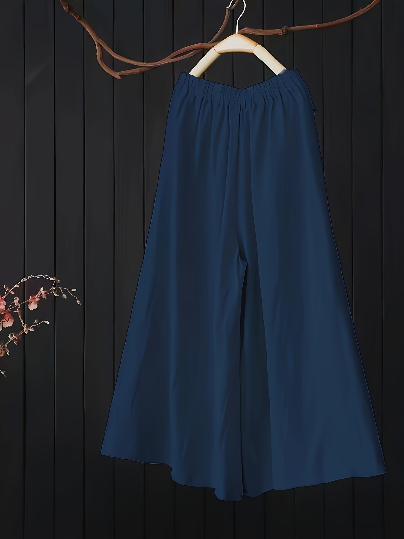 Women Plus Size High-Waist Wide-Leg Pants Blue Pockets Versatile