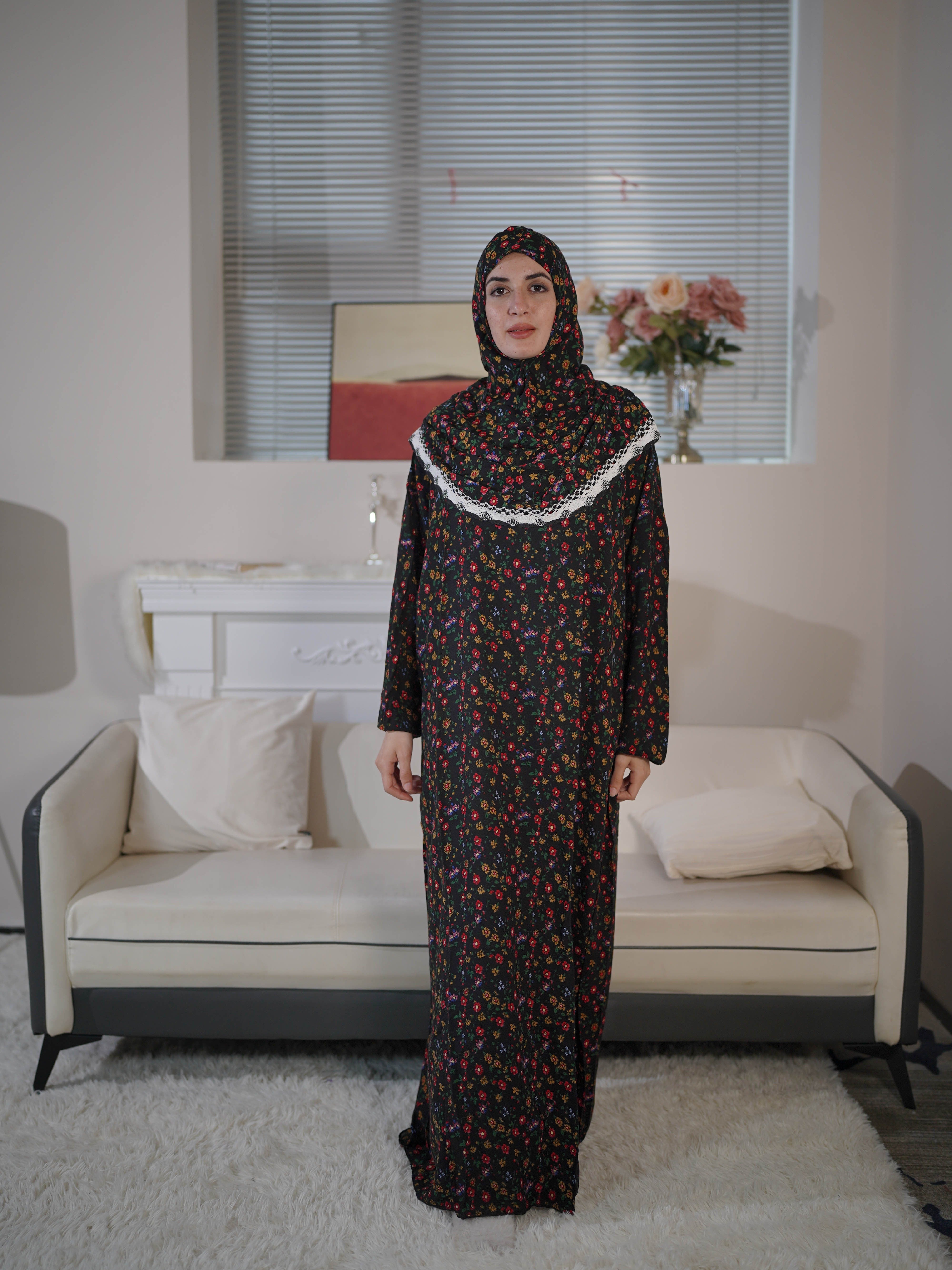 Women's Abaya Dress Rayon Floral Print Hooded Islamic Prayer Modest Wear