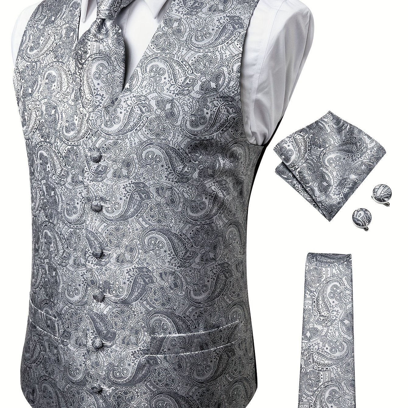 Men's Large Size White Paisley Pattern Accessories Set Waistcoat Necktie Hanky Cufflinks
