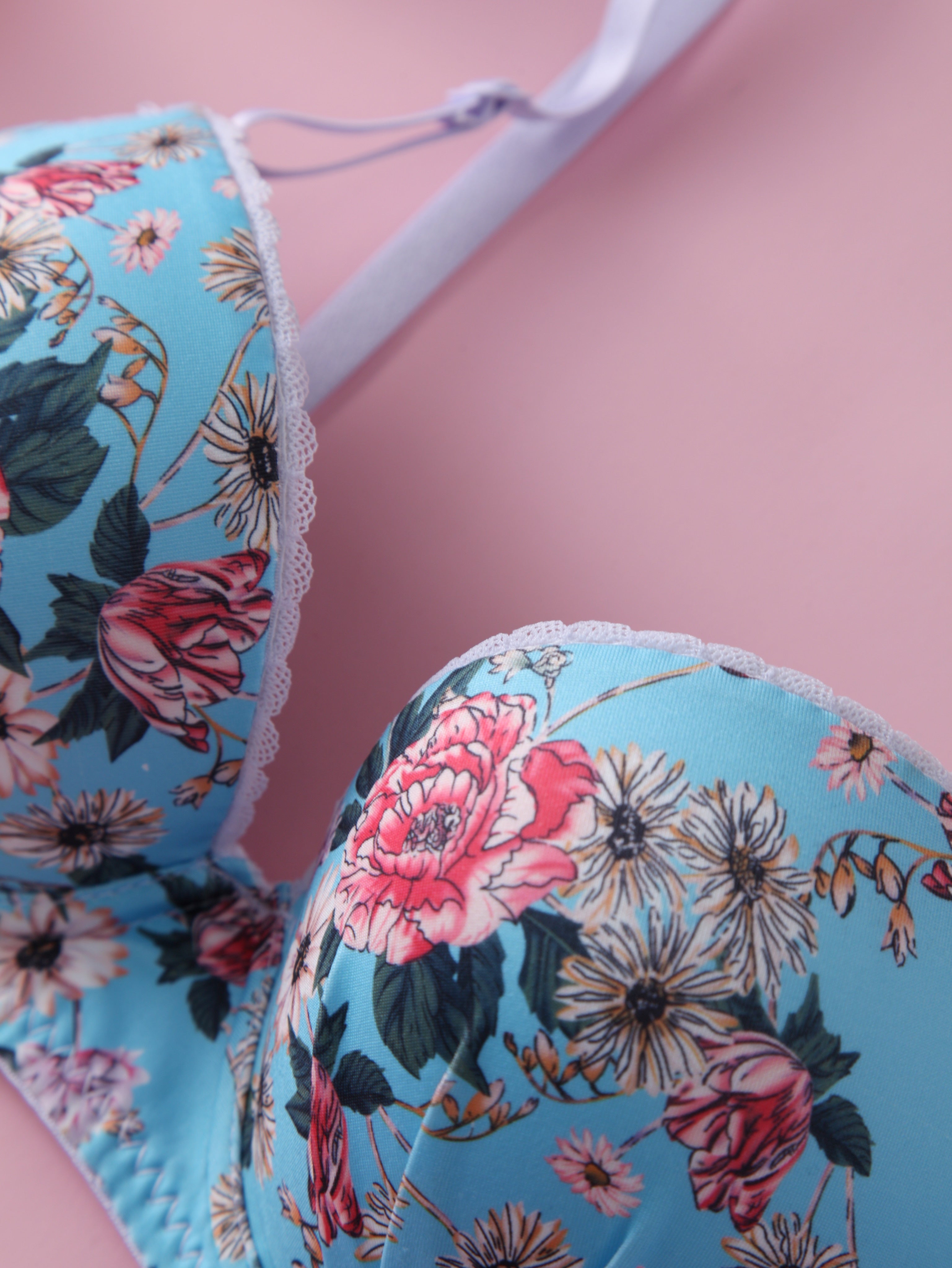 Floral Print Lingerie Bra Set with Steel Ring Detail for Women