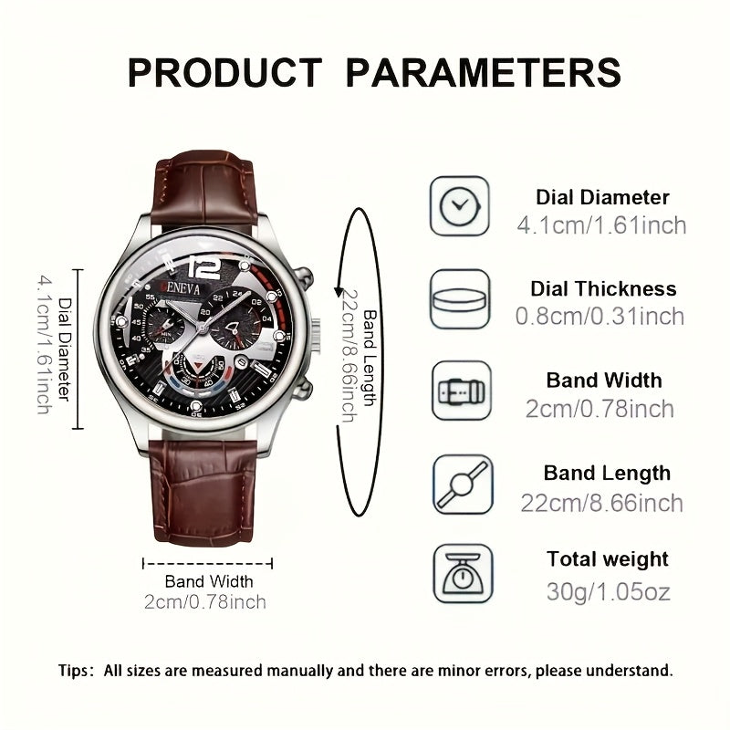 Men's Quartz Business Watch Set Alloy Case Faux Leather Strap Non-Rechargeable Battery