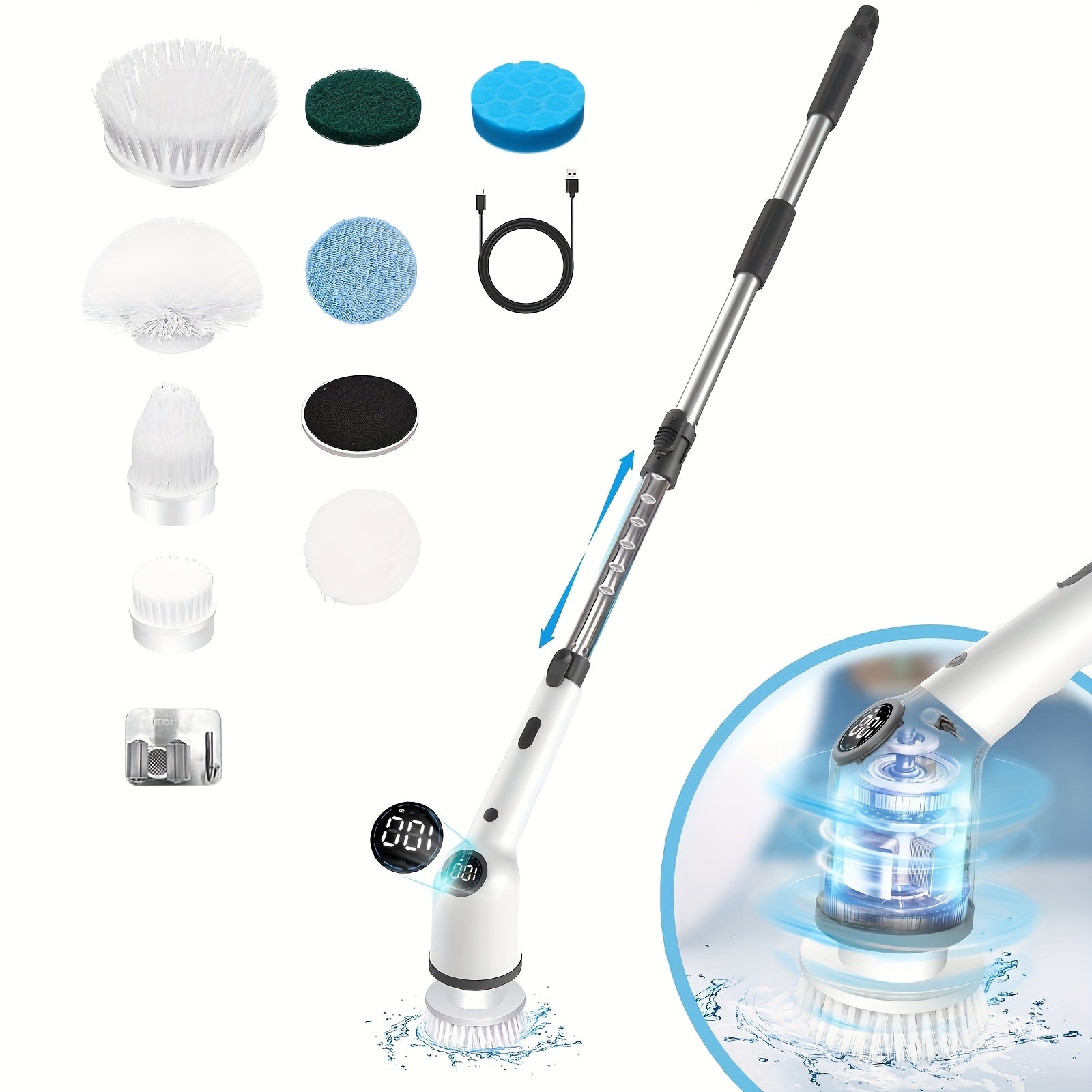 Rotating Electric Cleaning Brush with 8 Brush Heads, Battery Indicator, for Kitchen, Car, Tile, Floor