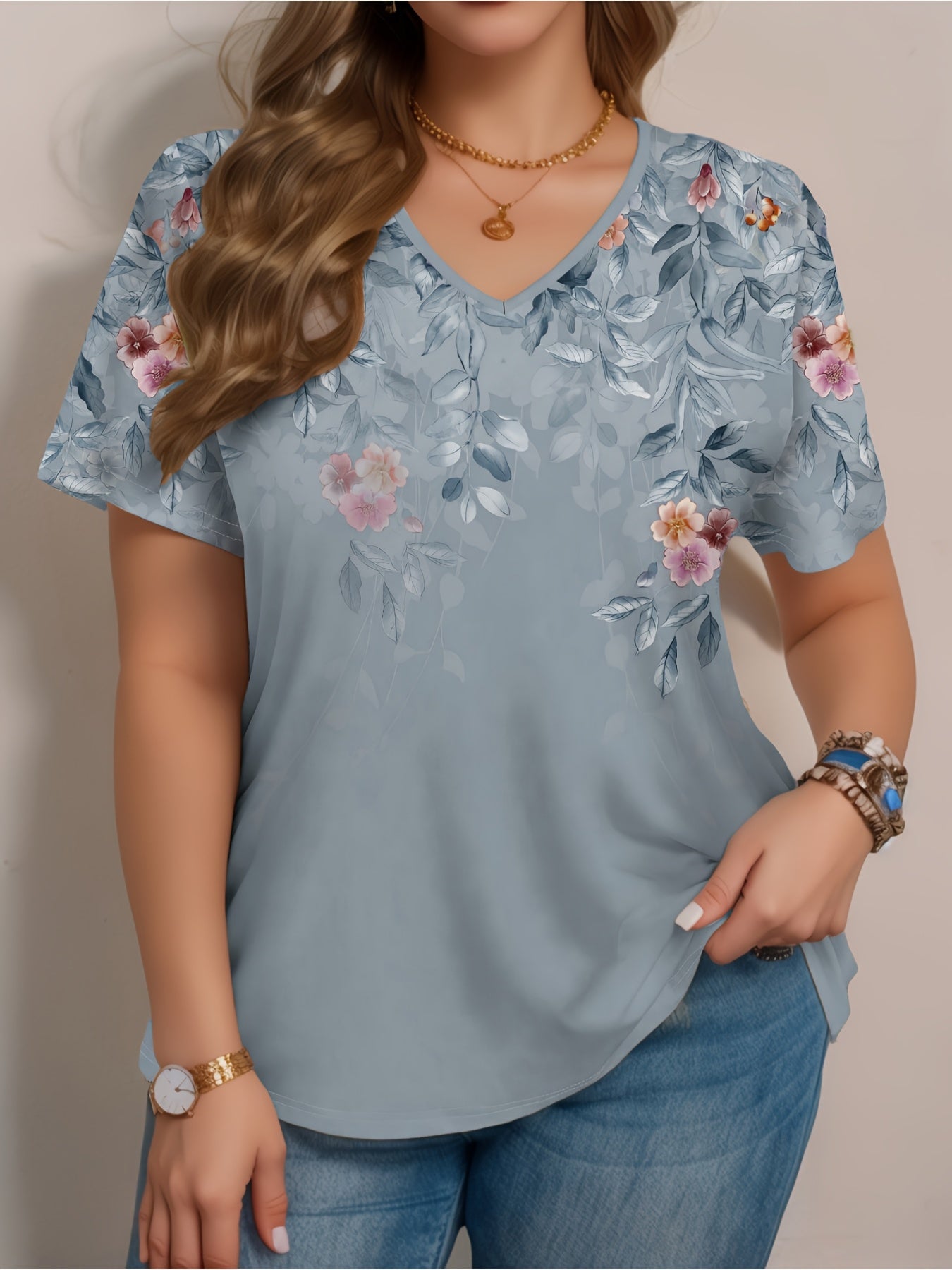 Plus Size Floral V-Neck Short Sleeve T-Shirt for Women
