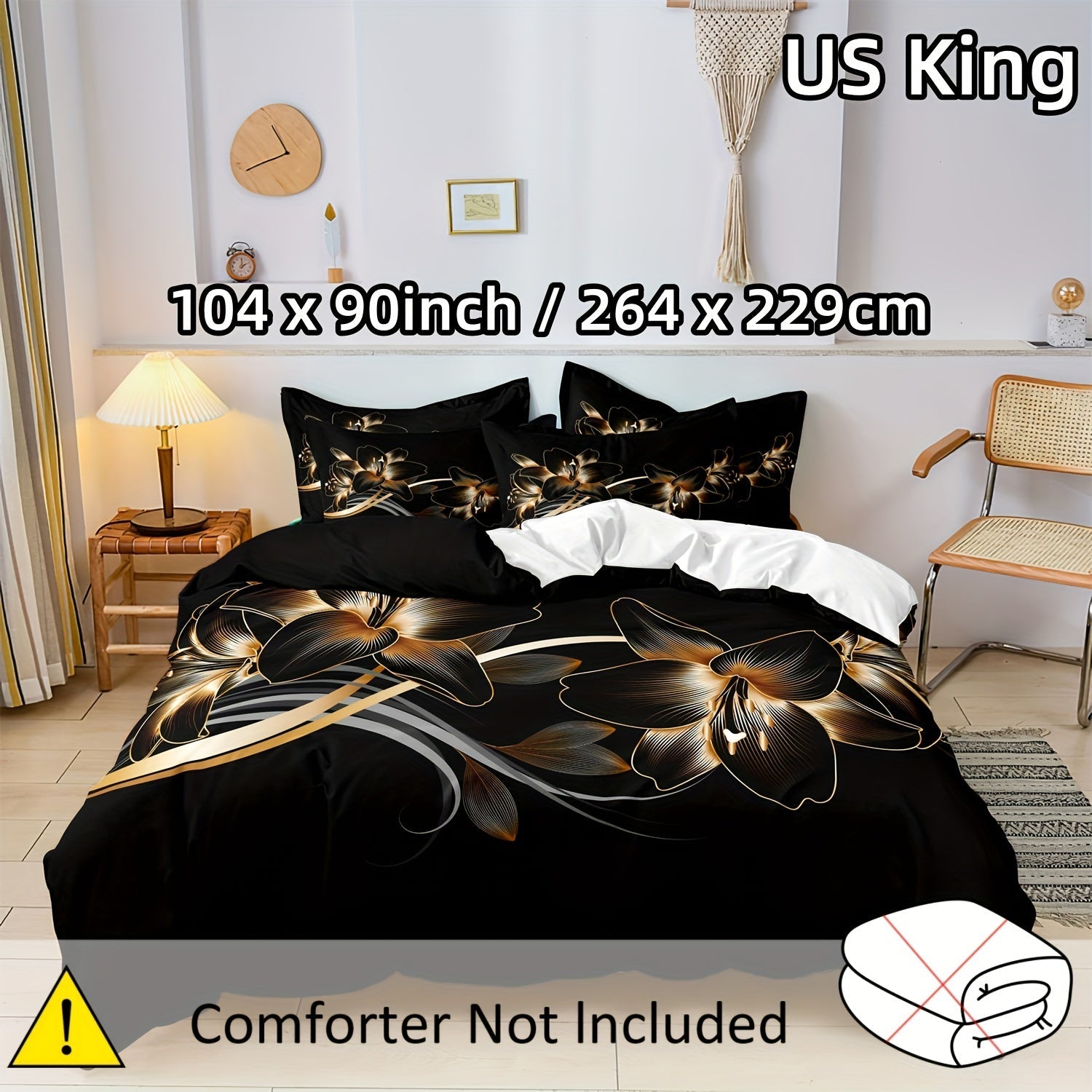 Black and Gold Floral Duvet Cover Set 100% Polyester with Zipper Closure and Pillowcases