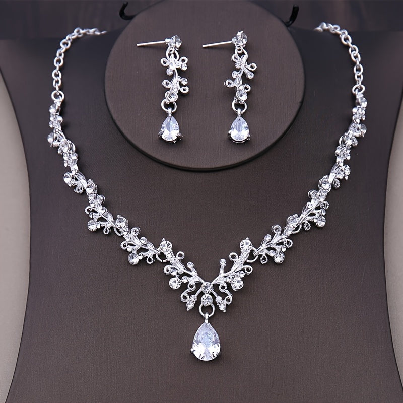 Rhinestone Jewelry Set Crown Tiara Necklace Earrings for Weddings and Gifts