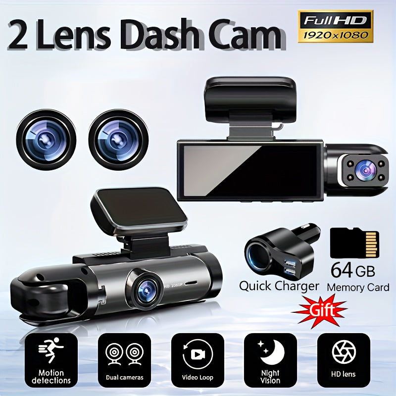 Car Dash Cam with 64G High-Speed Memory Card HD Dual Front and Rear Recording 3.16-Inch IPS Screen