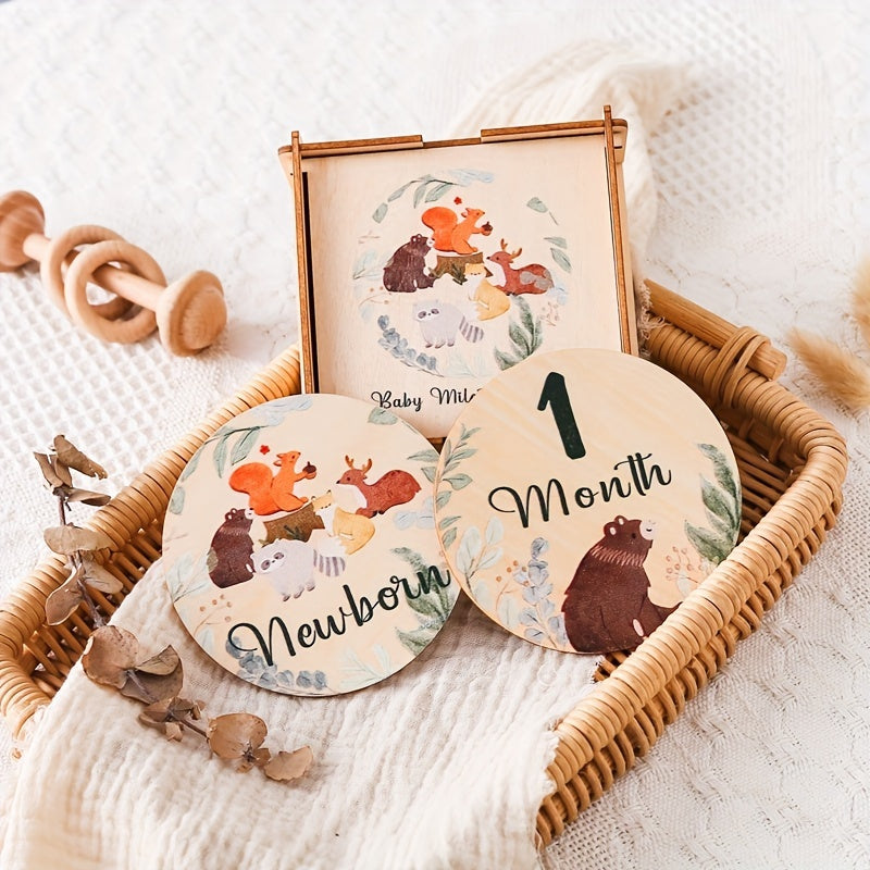 Wooden Baby Milestone Coasters Forest Animals Set for Growth Photos and Memories