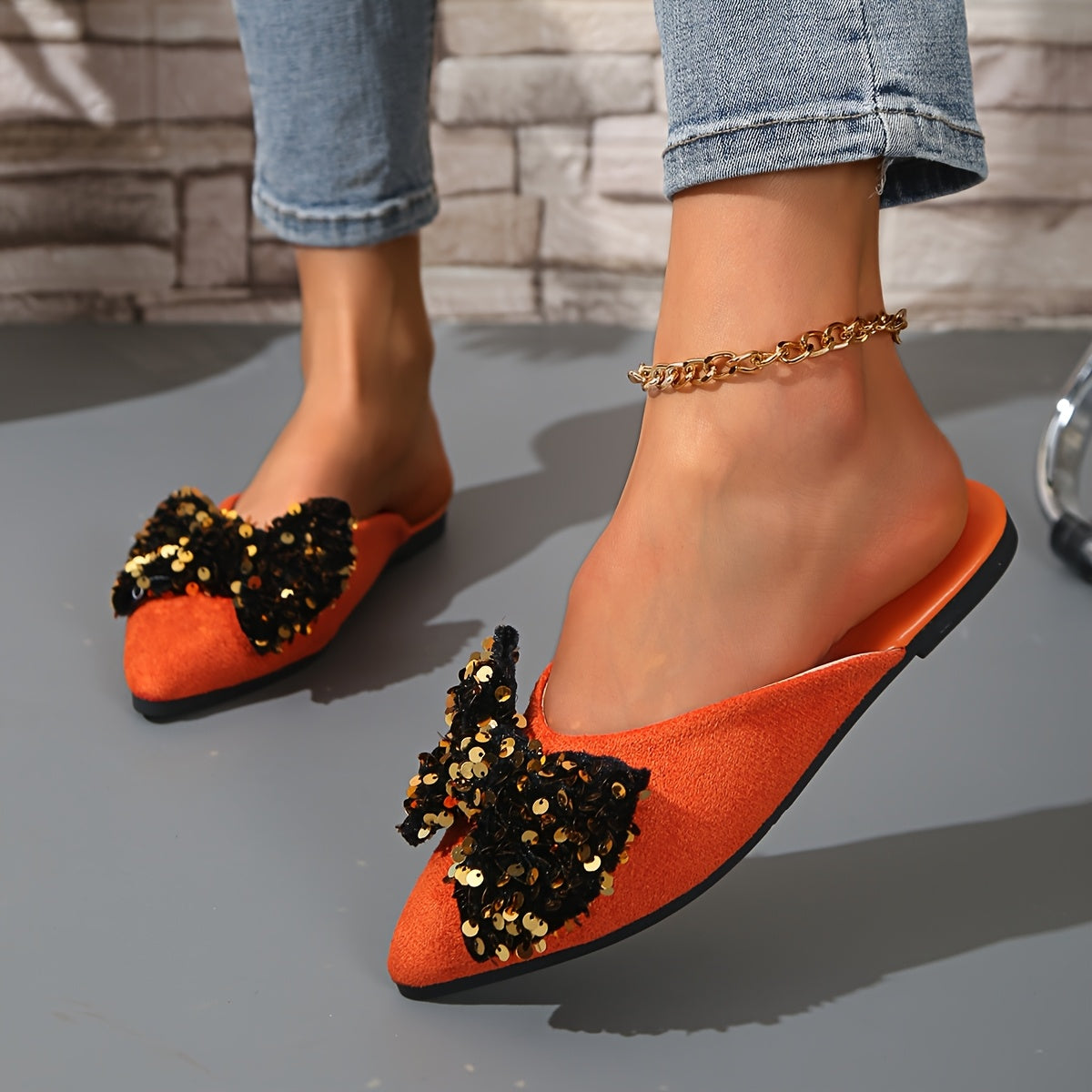 Zapatos planos de punta con lazo para mujer con parte superior de tela y suela de goma