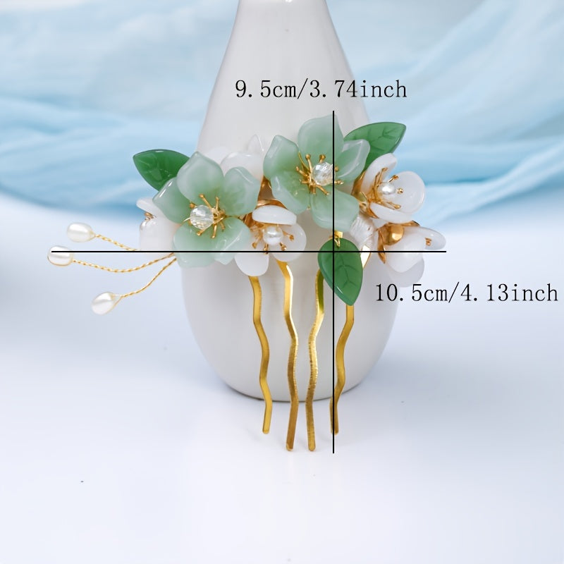 Vintage Bridal Hair Accessory with Green Glass Flower Leaves and Crystal Accents