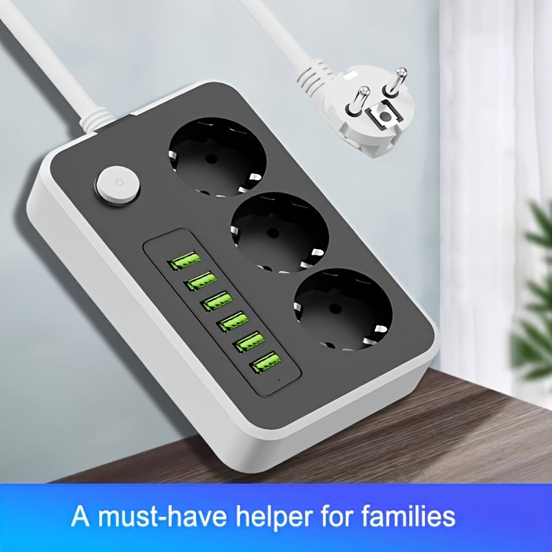 Regleta de alimentación versátil con 3 tomas de corriente AC, 6 puertos USB, cable de extensión de 149cm para hogar, oficina y exterior