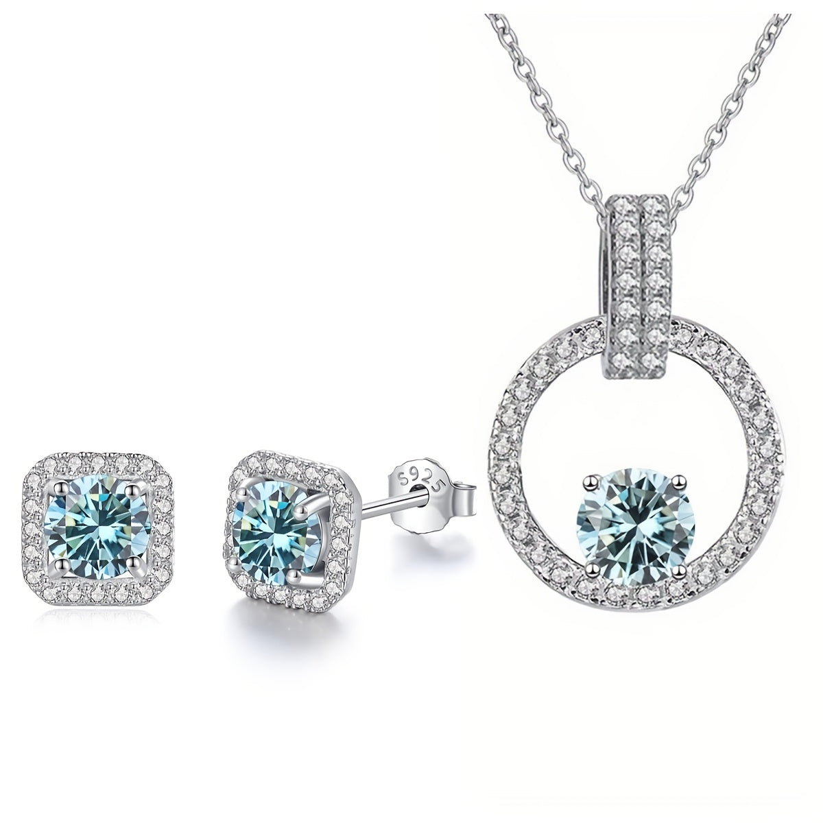 Moissanite Jewelry Set Necklace and Earrings Sterling Silver 1 Carat and 0.5 Carat Stones Gift Box