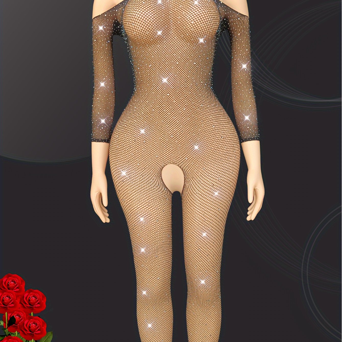 Women's Black Fishnet Bodysuit with Stockings Long Sleeve One-Shoulder Lingerie