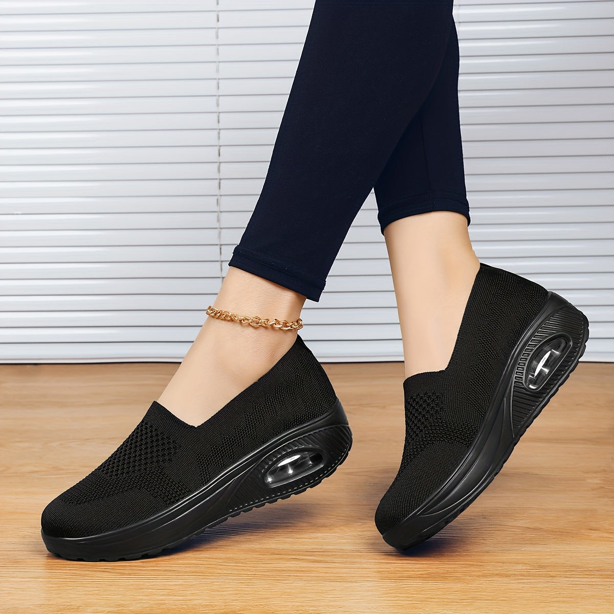 Women's Black Platform Sneakers with Air Cushion Breathable Fabric