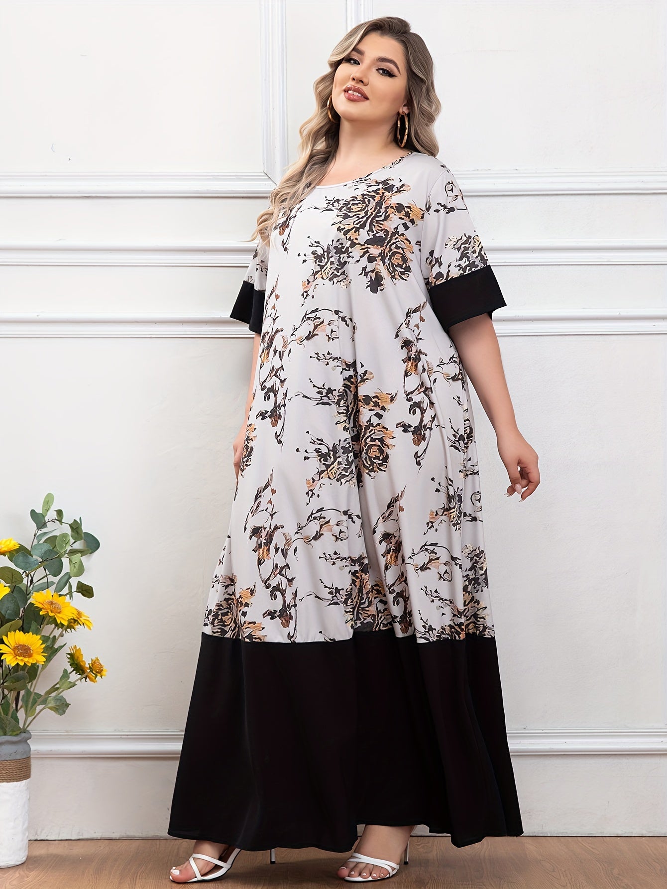 Plus Size Floral Print Dress Short Sleeve Crew Neck Longline Summer Women's Clothing